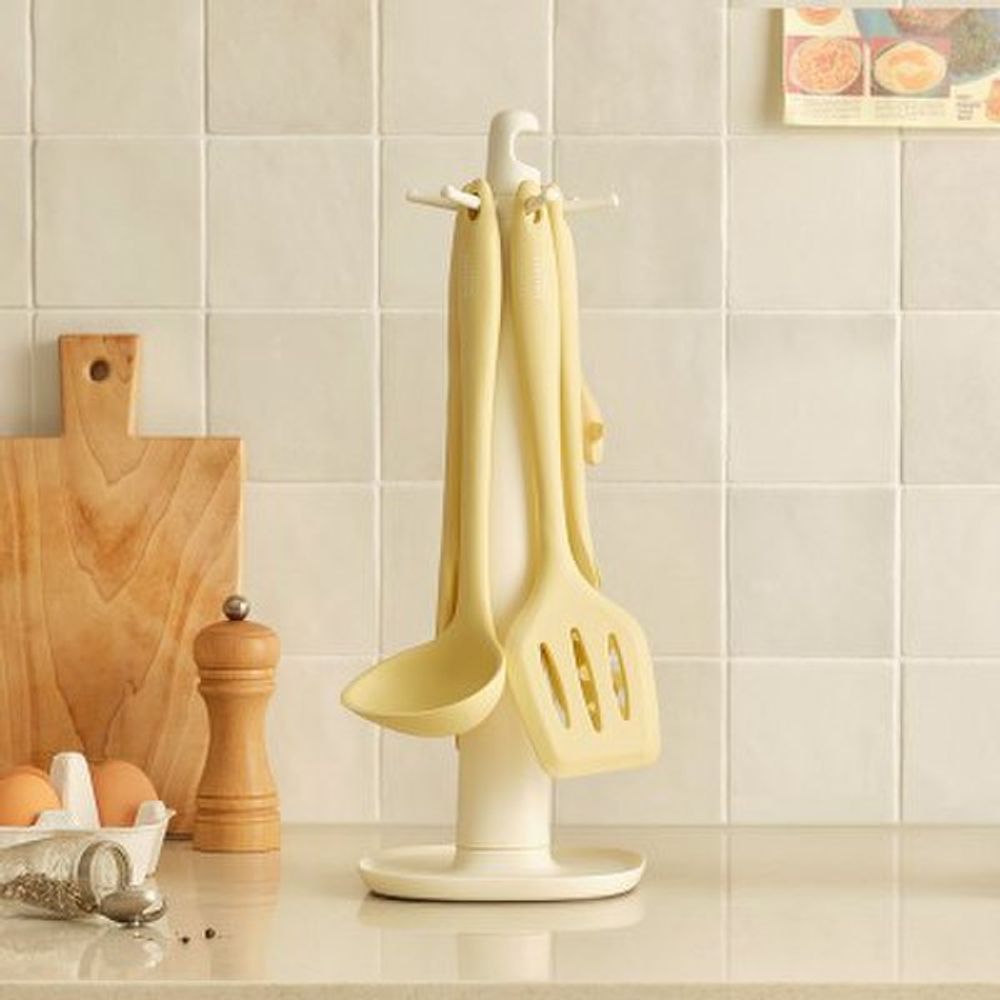 HANSSEM OBJET 7-Piece Silicone Kitchen Utensil Set with Rotating Stand – Heat-Resistant Non-Scratch Cooking Tools (Turner, Ladle, Pasta Ladle, Tongs, Spatula, Peeler) _ Made in KOREA